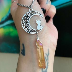 Crystal cat moon necklace .Orange pink iridescent aura crystal & silver cat moon